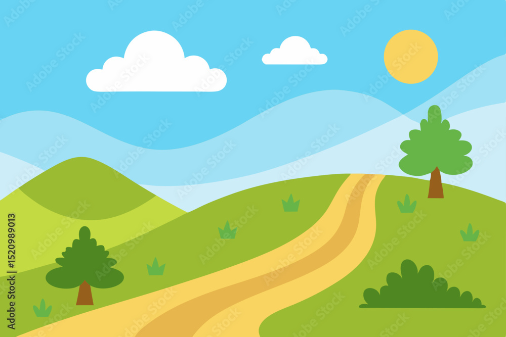 Obraz premium Rolling landscape with green trees and mountains under a summer sky, a serene nature illustration