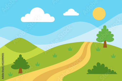 Rolling landscape with green trees and mountains under a summer sky, a serene nature illustration