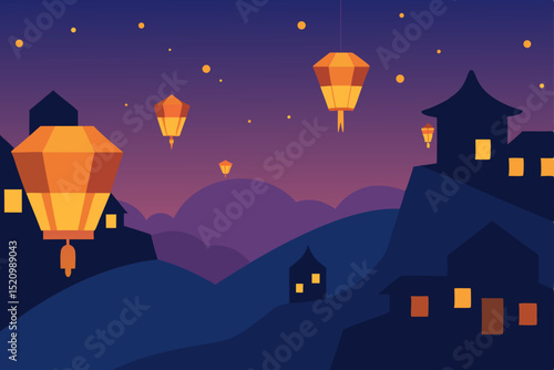 Vector illustration of a dark night city landscape with a moon and scattered stars, featuring stylized houses and buildings