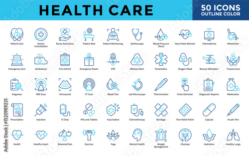 Health Care icons set with patient care, doctor consultation, nurse assistance, patient bed, patient monitoring, stethoscope, blood pressure check icon. Simple outline color vector 
