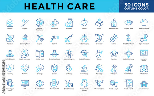 Health Care icons set with hospital, surgeon, general practitioner, pediatrician, pharmacy, dentist, doctor, reception desk, surgeon mask, medical uniform icon. Simple outline color vector 
