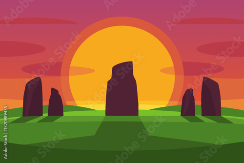 Ancient monument stones at sunset over the green cemetery landscape in England