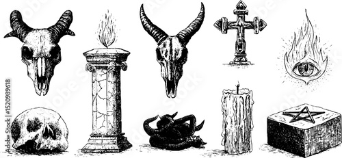 Engraved illustrations of ancient altars and ritual symbols for mystical themes