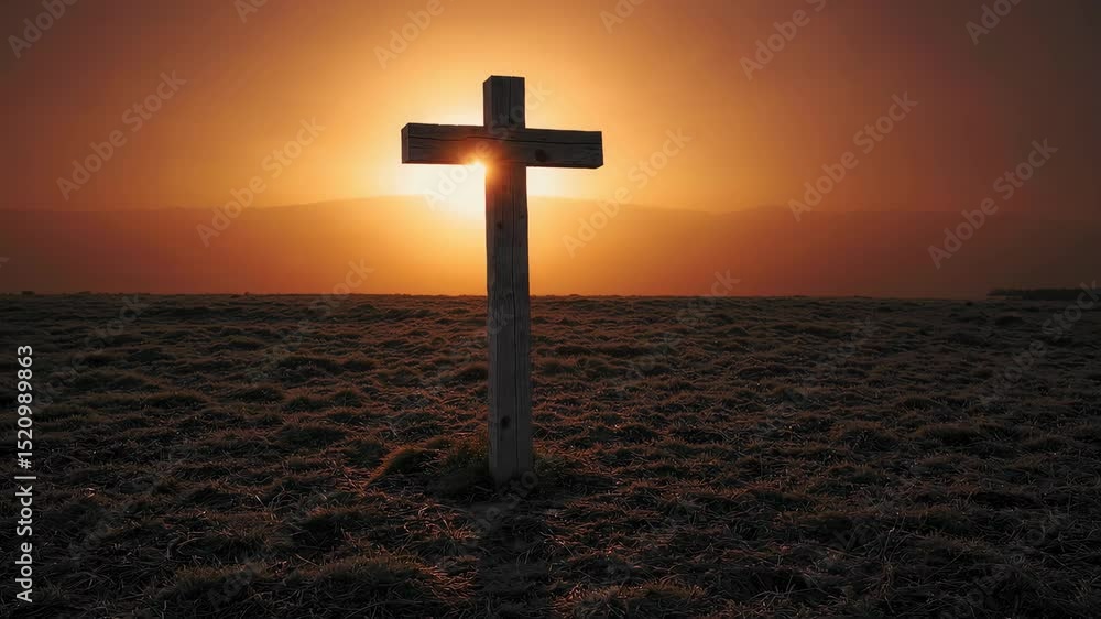 Silhouette of cross on barren ground with glowing orange sunset, powerful religious symbolism of faith, sacrifice, and eternal light Silhouette of cross on barren ground with glowing orange sunset, powerful religious symbolism of faith, sacrifice, and eternal light