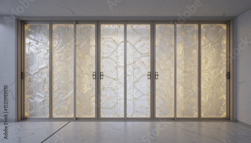 set of elegant sliding glass doors with intricate geometric patterns and gold accents stands in modern  marble floored room  creating luxurious and sophisticated atmosphere