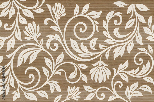 Floral Pattern With White Leaves and Swirls on Brown Background