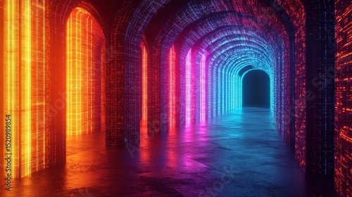 Virtual Data Room. Neon Abstract Digital Wallpaper with Glowing Lines in Three-Dimensional Perspective