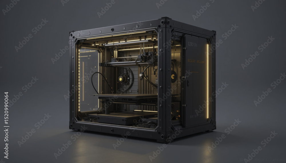 Obraz premium sleek, modern 3D printer encased in transparent, illuminated box, showcasing its intricate components and design. ambient lighting highlights machine advanced technology and precision