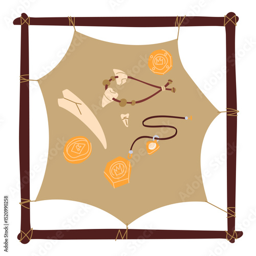 Stretched animal skin on frame with pendants, coins and part of tusk. An archaeological find for the museum. Flat color illustration. scientific projects, encyclopedias, museum exhibitions, history
