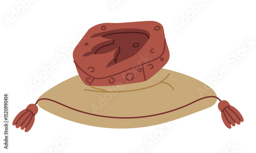 Fossil, an allosaurus footprint on a pillow, displayed in a museum. An archaeological find. Vulcanization. Flat color illustration. scientific projects, encyclopedias, museum exhibitions, dinosaurs.