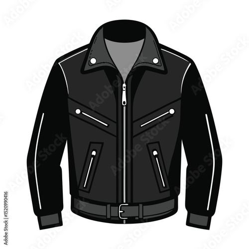 Illustration of Classic Black Leather Biker Jacket with Zipper and Belt Detail