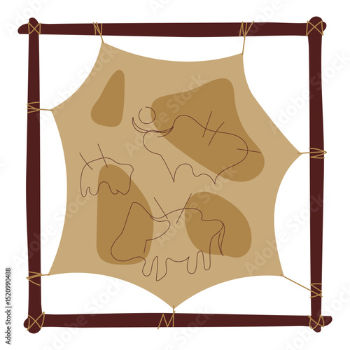 An animal skin stretched on a frame with prehistoric drawings of animals, displayed in a museum. An archaeological find. Flat color illustration. scientific projects, encyclopedias, museum exhibitions