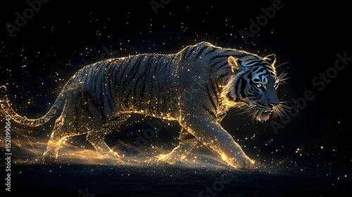 A majestic tiger, rendered in glowing particles.