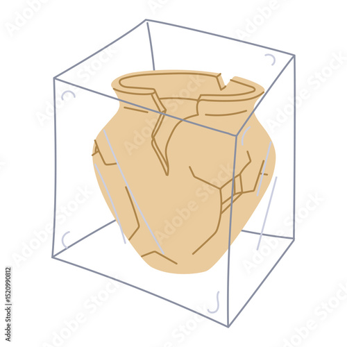 An old broken jug under glass, for a museum exhibition. The pot is large and restored. An archaeological find. Flat color illustration. scientific projects, encyclopedias, museum exhibitions, history