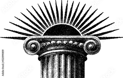 Classical architecture element with engraved column and radiant sunburst design