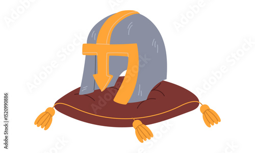 Helmet, a piece of armor for head on red pillow, a museum exhibit. Military themes. An archaeological find. Flat color illustration. scientific projects, encyclopedias, museum exhibitions, history