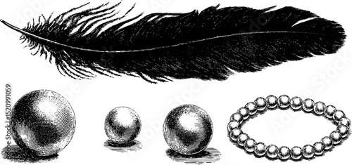 Elegant art deco fashion elements with feather, pearls, and jewelry set for vintage design
