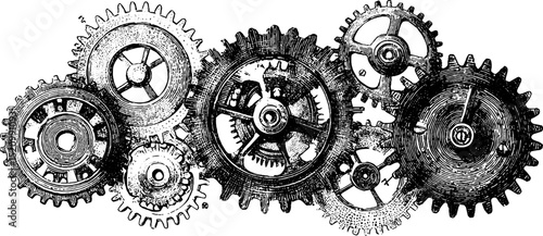 Intricate engraved illustration of asymmetric gear facades for design and art projects