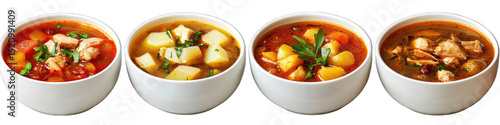 Four bowls of hearty soups