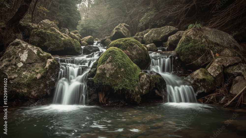 Fototapeta premium Silky Smooth Waterfall Flowing Through Forest Scene 