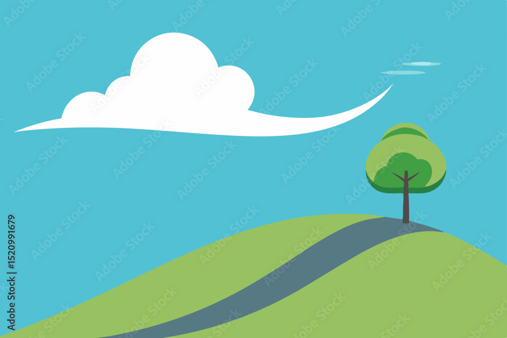 Fototapeta premium Summer landscape illustration with green trees, grass, and clouds in a blue sky