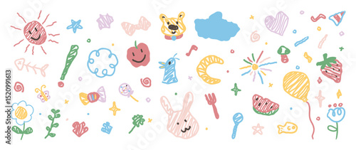 Cute kids hand drawn doodle vector. Flower, cloud, sun, apple, bear, watermelon, balloon, strawberry, candy, summer illustration. Design for fabric, sticker, icon, kids.