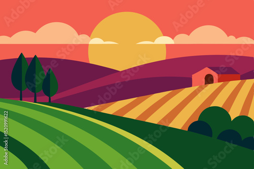 Green rural landscape with fields and hills under a blue sky, illustrating nature's serene summer scenery with distant mountains