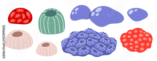 Coral set. Ocean plants, underwater flora, seaweed. Aquatic plant, algae, tropical coral-reef, sea barnacle, stone elements. Flat vector illustration isolated on white background