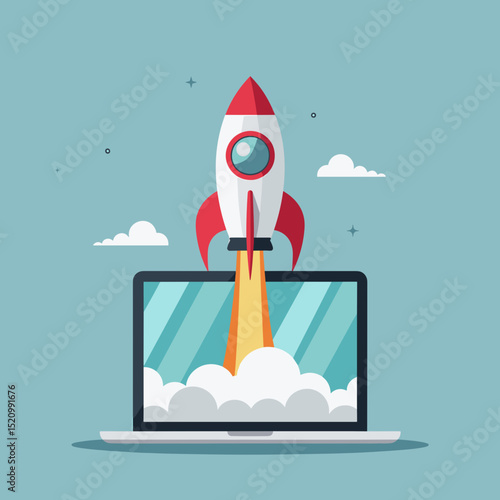 Laptop showing a rocket launch, representing startup success for tech blogs