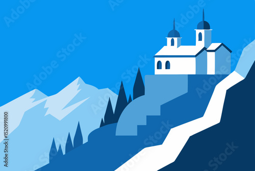 Medieval architecture: A vector illustration of a white orthodox church or castle tower on a snowy Russian mountain landscape with a cross and a dome