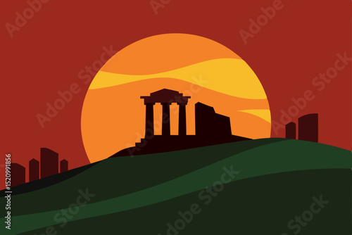 Orange and red urban vector cityscape silhouette at sunset with a dramatic sky