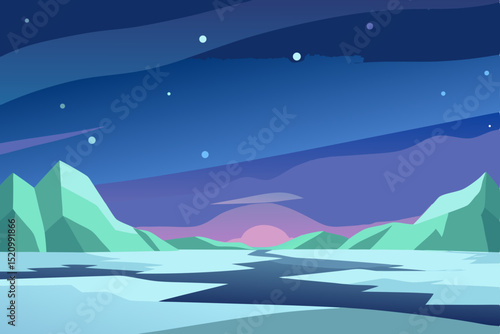 Blue winter mountain landscape with snow and ice