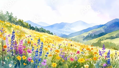 A colorful painting of wildflowers blooming in sunny field  breathtaking landscape