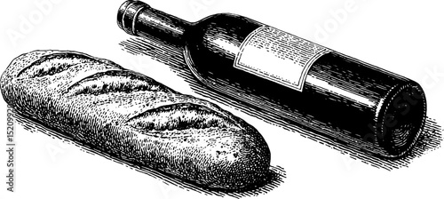 Vintage engraved illustration of baguette and wine bottle for culinary art