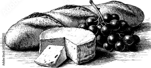 Elegant engraving of baguette loaf, brie cheese, and grapes for culinary art