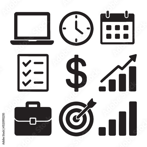 Business Icons Time Management, Productivity, and Financial Growth