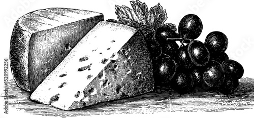 Vintage engraving of cheese and grapes with detailed baguette slice for culinary art