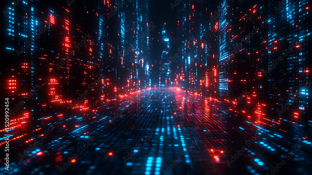 Fototapeta premium Cyberpunk data stream digital cityscape with red and blue lights artificial intelligence abstract visualisation