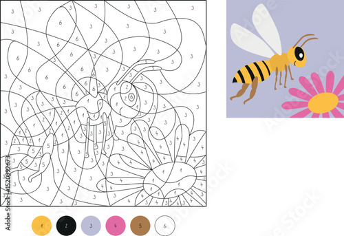 Color by number, education game for children, Bee, vector