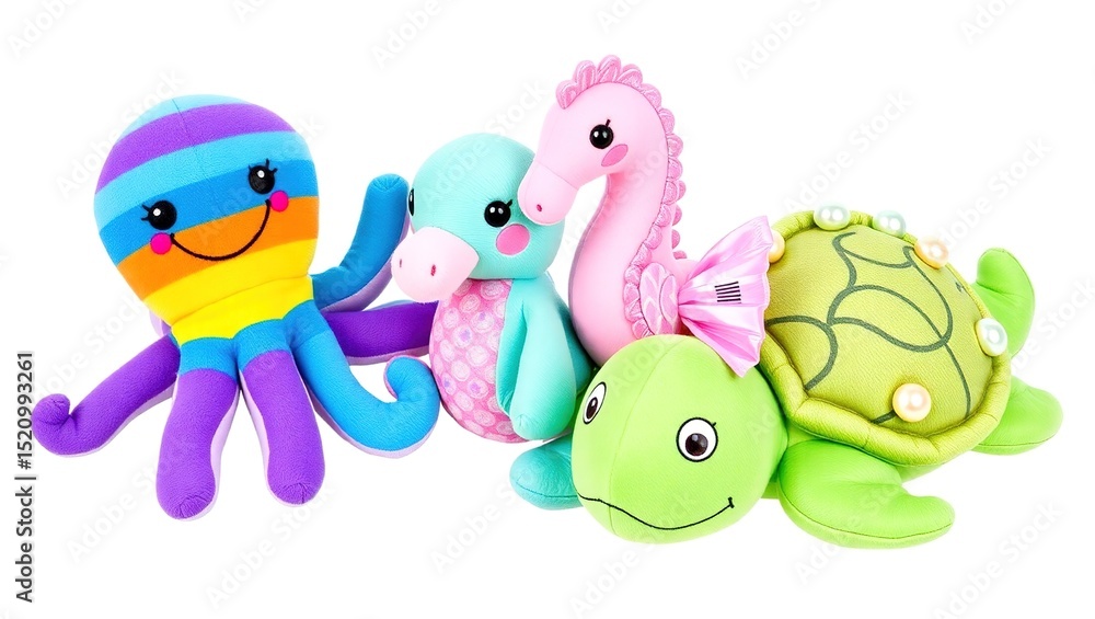 Naklejka premium Adorable Plush Marine Animals: Octopus, Seahorses & Turtles
