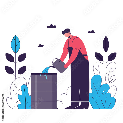Man Pouring Water From Can into Metal Barrel Surrounded by Foliage Illustration Art