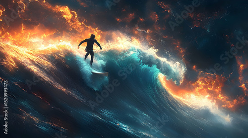 Silhouette surfer riding a large, fiery wave.