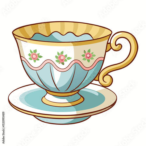 Ornate Cartoon Teacup with Delicate Rose Design and Golden Handle on Saucer