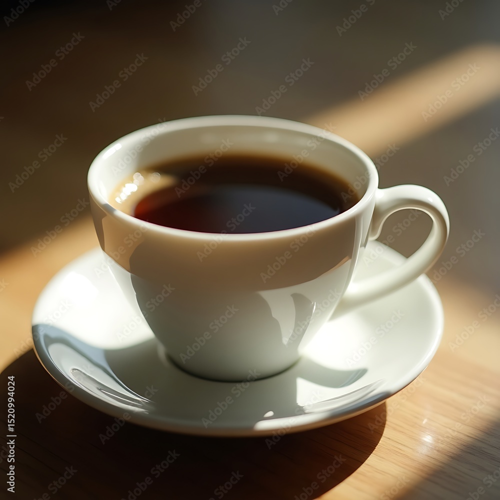 Fototapeta premium Coffee Cup on Table with Sunlight Shining, Dark Roast Beverage