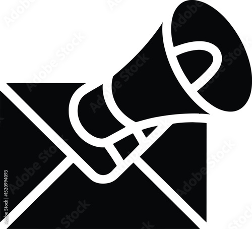 A bold megaphone icon is paired with a solid black envelope in style