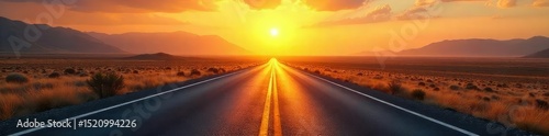 Endless asphalt ribbon vanishing into the hazy distance, sun-drenched landscape stretching towards the far-off horizon Perfect for travel, adventure, and journey themes , adventure, vanishing point