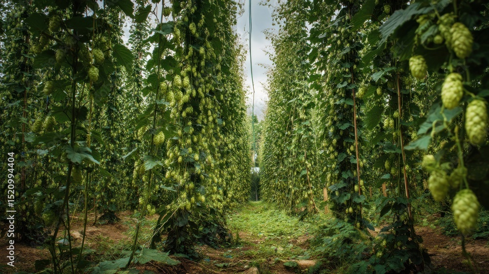 Fototapeta premium Green hop plants growing vertically in a field with abundant blossoms