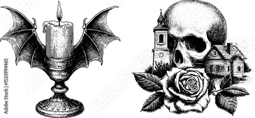 Engraved gothic illustration set featuring bat wings, skull, candle, and rose. Vintage dark art with detailed ink work, eerie Victorian horror style, and ornate macabre design in monochrome.