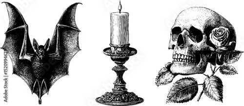 Gothic engraved design set featuring bat wings, skull, and candle