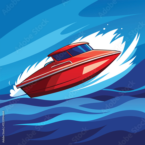Red Speedboat Gliding Through Blue Water Leaving White Wake Vector Illustration